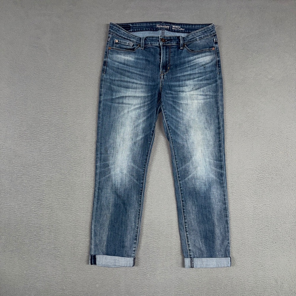Signature Levis Jeans Womens 8 Blue Modern Slim Cuffed Stretch Distressed Denim
